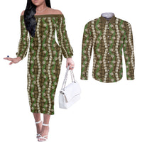 Pikake Maile Tiare Lei Couples Matching Off The Shoulder Long Sleeve Dress and Long Sleeve Button Shirt Natural Lauhala Pattern