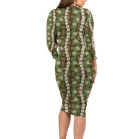 Pikake Maile Tiare Lei Family Matching Long Sleeve Bodycon Dress and Hawaiian Shirt Natural Lauhala Pattern LT01 - Polynesian Pride