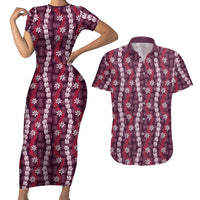 Pikake Maile Tiare Lei Couples Matching Short Sleeve Bodycon Dress and Hawaiian Shirt Akala Lauhala Pattern