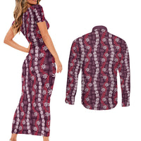 Pikake Maile Tiare Lei Couples Matching Short Sleeve Bodycon Dress and Long Sleeve Button Shirt Akala Lauhala Pattern