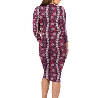 Pikake Maile Tiare Lei Family Matching Long Sleeve Bodycon Dress and Hawaiian Shirt Akala Lauhala Pattern LT01 - Polynesian Pride
