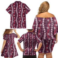 Pikake Maile Tiare Lei Family Matching Off Shoulder Short Dress and Hawaiian Shirt Akala Lauhala Pattern LT01 - Polynesian Pride