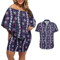 Pikake Maile Tiare Lei Couples Matching Off Shoulder Short Dress and Hawaiian Shirt Poni Lauhala Pattern