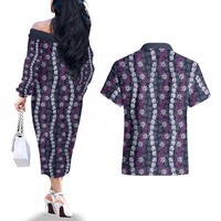 Pikake Maile Tiare Lei Couples Matching Off The Shoulder Long Sleeve Dress and Hawaiian Shirt Poni Lauhala Pattern