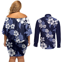 Hawaiian Hibiscus Tribal Floral Blue Couples Matching Off Shoulder Short Dress and Long Sleeve Button Shirt Polynesian Tapa Pattern - Polynesian Pride