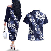 Hawaiian Hibiscus Tribal Floral Blue Couples Matching Off The Shoulder Long Sleeve Dress and Hawaiian Shirt Polynesian Tapa Pattern LT01 - Polynesian Pride