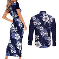 Hawaiian Hibiscus Tribal Floral Blue Couples Matching Short Sleeve Bodycon Dress and Long Sleeve Button Shirt Polynesian Tapa Pattern - Polynesian Pride