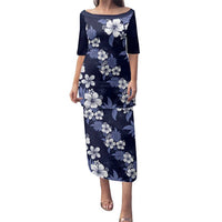 Hawaiian Hibiscus Tribal Floral Blue Family Matching Puletasi and Hawaiian Shirt Polynesian Tapa Pattern LT01 Mom's Dress Blue - Polynesian Pride