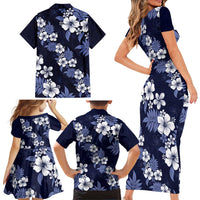 Hawaiian Hibiscus Tribal Floral Blue Family Matching Short Sleeve Bodycon Dress and Hawaiian Shirt Polynesian Tapa Pattern LT01 - Polynesian Pride