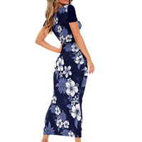 Hawaiian Hibiscus Tribal Floral Blue Family Matching Short Sleeve Bodycon Dress and Hawaiian Shirt Polynesian Tapa Pattern LT01 - Polynesian Pride