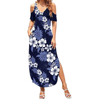 Hawaiian Hibiscus Tribal Floral Blue Family Matching Summer Maxi Dress and Hawaiian Shirt Polynesian Tapa Pattern LT01 Mom's Dress Blue - Polynesian Pride