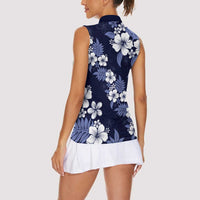 Hawaiian Hibiscus Tribal Floral Blue Women Sleeveless Polo Shirt Polynesian Tapa Pattern LT01 - Polynesian Pride