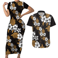 Hawaiian Hibiscus Tribal Floral Brown Couples Matching Short Sleeve Bodycon Dress and Hawaiian Shirt Polynesian Tapa Pattern - Polynesian Pride