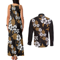 Hawaiian Hibiscus Tribal Floral Brown Couples Matching Tank Maxi Dress and Long Sleeve Button Shirt Polynesian Tapa Pattern - Polynesian Pride