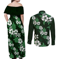 Hawaiian Hibiscus Tribal Floral Green Couples Matching Off Shoulder Maxi Dress and Long Sleeve Button Shirt Polynesian Tapa Pattern - Polynesian Pride