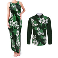 Hawaiian Hibiscus Tribal Floral Green Couples Matching Tank Maxi Dress and Long Sleeve Button Shirt Polynesian Tapa Pattern - Polynesian Pride