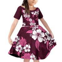 Hawaiian Hibiscus Tribal Floral Pink Family Matching Off Shoulder Short Dress and Hawaiian Shirt Polynesian Tapa Pattern LT01 Daughter's Dress Pink - Polynesian Pride