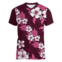 Hawaiian Hibiscus Tribal Floral Pink Women V-Neck T-Shirt Polynesian Tapa Pattern LT01 Female Pink - Polynesian Pride