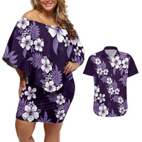Hawaiian Hibiscus Tribal Floral Purple Couples Matching Off Shoulder Short Dress and Hawaiian Shirt Polynesian Tapa Pattern - Polynesian Pride