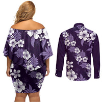 Hawaiian Hibiscus Tribal Floral Purple Couples Matching Off Shoulder Short Dress and Long Sleeve Button Shirt Polynesian Tapa Pattern - Polynesian Pride