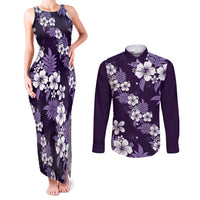 Hawaiian Hibiscus Tribal Floral Purple Couples Matching Tank Maxi Dress and Long Sleeve Button Shirt Polynesian Tapa Pattern - Polynesian Pride