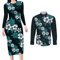 Hawaiian Hibiscus Tribal Floral Teal Couples Matching Long Sleeve Bodycon Dress and Long Sleeve Button Shirt Polynesian Tapa Pattern - Polynesian Pride