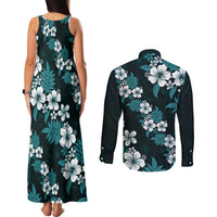 Hawaiian Hibiscus Tribal Floral Teal Couples Matching Tank Maxi Dress and Long Sleeve Button Shirt Polynesian Tapa Pattern - Polynesian Pride