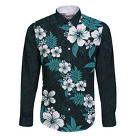 Hawaiian Hibiscus Tribal Floral Teal Family Matching Mermaid Dress and Hawaiian Shirt Polynesian Tapa Pattern LT01 Dad's Shirt - Long Sleeve Teal - Polynesian Pride