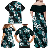 Hawaiian Hibiscus Tribal Floral Teal Family Matching Off Shoulder Maxi Dress and Hawaiian Shirt Polynesian Tapa Pattern LT01 - Polynesian Pride