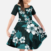 Hawaiian Hibiscus Tribal Floral Teal Family Matching Puletasi and Hawaiian Shirt Polynesian Tapa Pattern LT01 Daughter's Dress Teal - Polynesian Pride