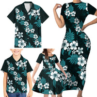 Hawaiian Hibiscus Tribal Floral Teal Family Matching Short Sleeve Bodycon Dress and Hawaiian Shirt Polynesian Tapa Pattern LT01 - Polynesian Pride