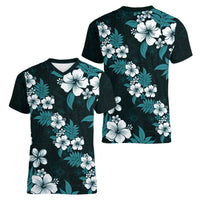 Hawaiian Hibiscus Tribal Floral Teal Women V-Neck T-Shirt Polynesian Tapa Pattern LT01 - Polynesian Pride