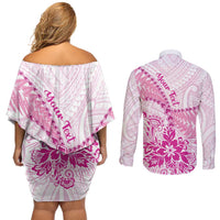 Personalised New Zealand Pink Fern Breast Cancer Couples Matching Off Shoulder Short Dress and Long Sleeve Button Shirt Polynesian Pattern LT01 - Polynesian Pride