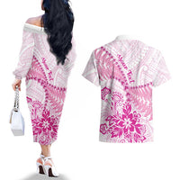 Personalised New Zealand Pink Fern Breast Cancer Couples Matching Off The Shoulder Long Sleeve Dress and Hawaiian Shirt Polynesian Pattern LT01 - Polynesian Pride
