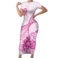 Personalised New Zealand Pink Fern Breast Cancer Short Sleeve Bodycon Dress Polynesian Pattern LT01 Long Dress Pink - Polynesian Pride