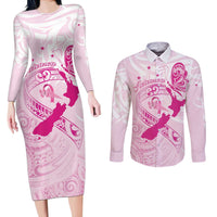 Personalised Aotearoa Breast Cancer Couples Matching Long Sleeve Bodycon Dress and Long Sleeve Button Shirt New Zealand Maori Pattern LT01 Pink - Polynesian Pride