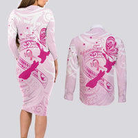 Personalised Aotearoa Breast Cancer Couples Matching Long Sleeve Bodycon Dress and Long Sleeve Button Shirt New Zealand Maori Pattern LT01 - Polynesian Pride