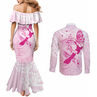 Personalised Aotearoa Breast Cancer Couples Matching Mermaid Dress and Long Sleeve Button Shirt New Zealand Maori Pattern LT01 - Polynesian Pride