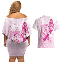 Personalised Aotearoa Breast Cancer Couples Matching Off Shoulder Short Dress and Hawaiian Shirt New Zealand Maori Pattern LT01 - Polynesian Pride