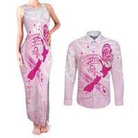 Personalised Aotearoa Breast Cancer Couples Matching Tank Maxi Dress and Long Sleeve Button Shirt New Zealand Maori Pattern LT01 Pink - Polynesian Pride