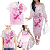 Personalised Aotearoa Breast Cancer Family Matching Off The Shoulder Long Sleeve Dress and Hawaiian Shirt New Zealand Maori Pattern LT01 - Polynesian Pride