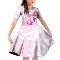 Personalised Aotearoa Breast Cancer Family Matching Off Shoulder Short Dress and Hawaiian Shirt New Zealand Maori Pattern LT01 Daughter's Dress Pink - Polynesian Pride