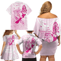 Personalised Aotearoa Breast Cancer Family Matching Off Shoulder Short Dress and Hawaiian Shirt New Zealand Maori Pattern LT01 - Polynesian Pride