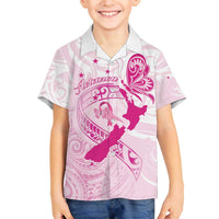 Personalised Aotearoa Breast Cancer Family Matching Off Shoulder Short Dress and Hawaiian Shirt New Zealand Maori Pattern LT01 Son's Shirt Pink - Polynesian Pride