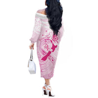 Personalised Aotearoa Breast Cancer Off The Shoulder Long Sleeve Dress New Zealand Maori Pattern LT01 - Polynesian Pride
