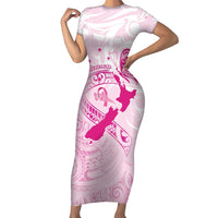Personalised Aotearoa Breast Cancer Short Sleeve Bodycon Dress New Zealand Maori Pattern LT01 Long Dress Pink - Polynesian Pride