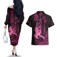 Hawaii Breast Cancer Couples Matching Off The Shoulder Long Sleeve Dress and Hawaiian Shirt Girl Floral Kakau Pattern