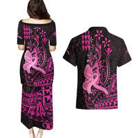 Hawaii Breast Cancer Couples Matching Puletasi and Hawaiian Shirt Girl Floral Kakau Pattern LT01 - Polynesian Pride