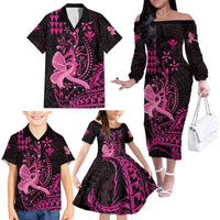 Hawaii Breast Cancer Family Matching Off The Shoulder Long Sleeve Dress and Hawaiian Shirt Girl Floral Kakau Pattern LT01 - Polynesian Pride
