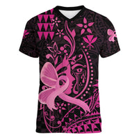Hawaii Breast Cancer Women V-Neck T-Shirt Girl Floral Kakau Pattern LT01 Female Pink - Polynesian Pride